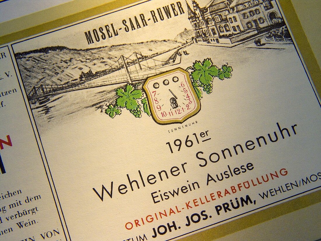 Weinetikett 1961 Wehlener Sonnenuhr Eiswein J. J. Prüm, Mosel