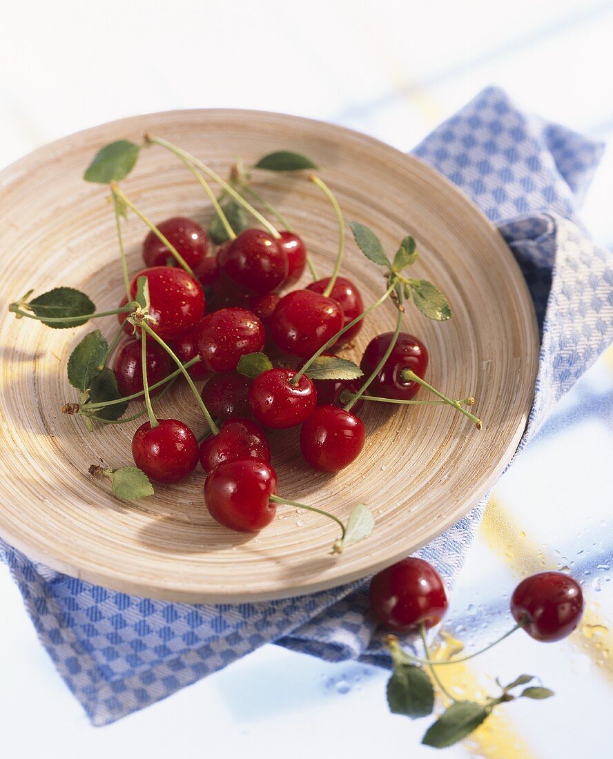 Sour cherries (Prunus cerasus) in wooden bowl