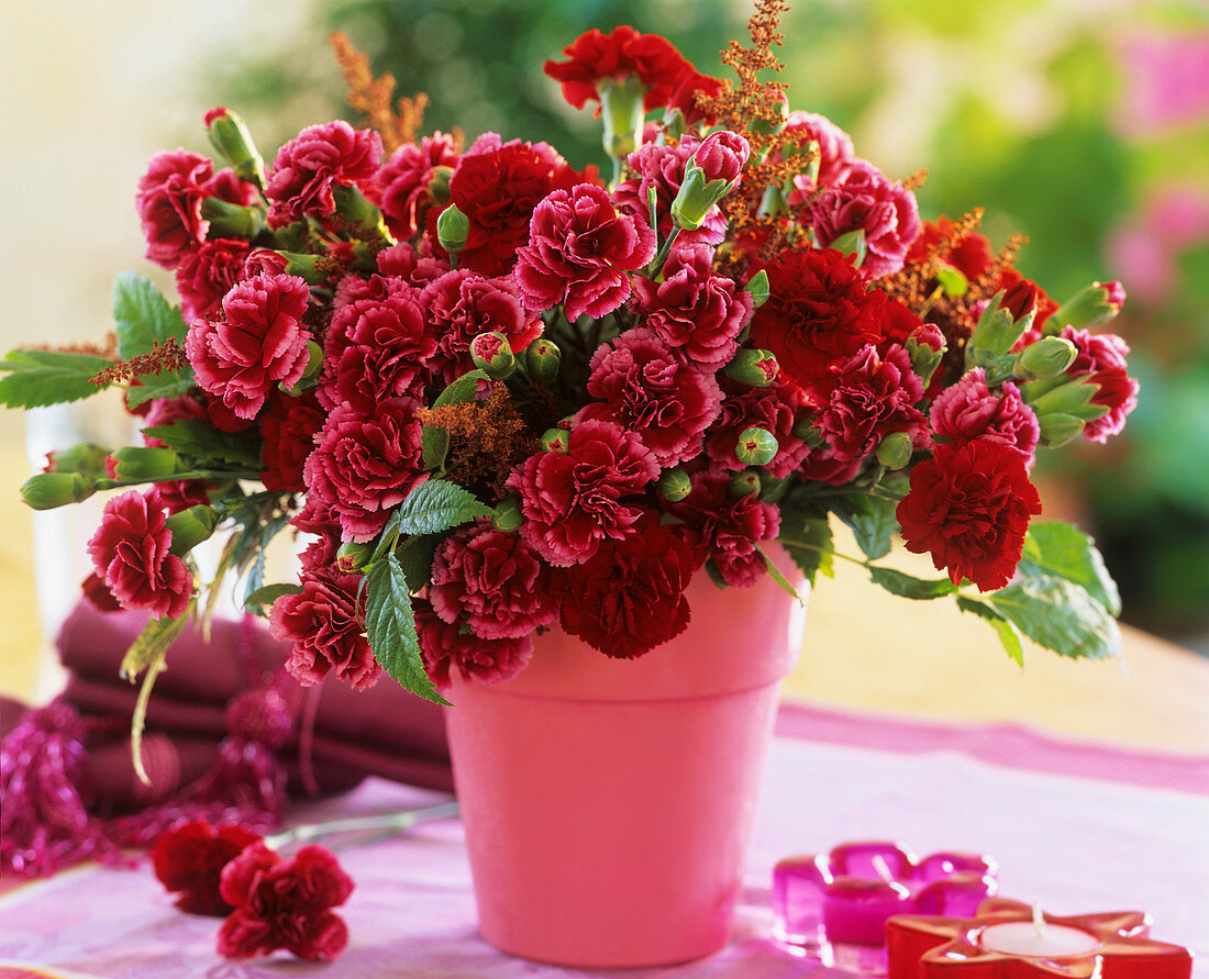 Carnations and Astilbe in pink pot