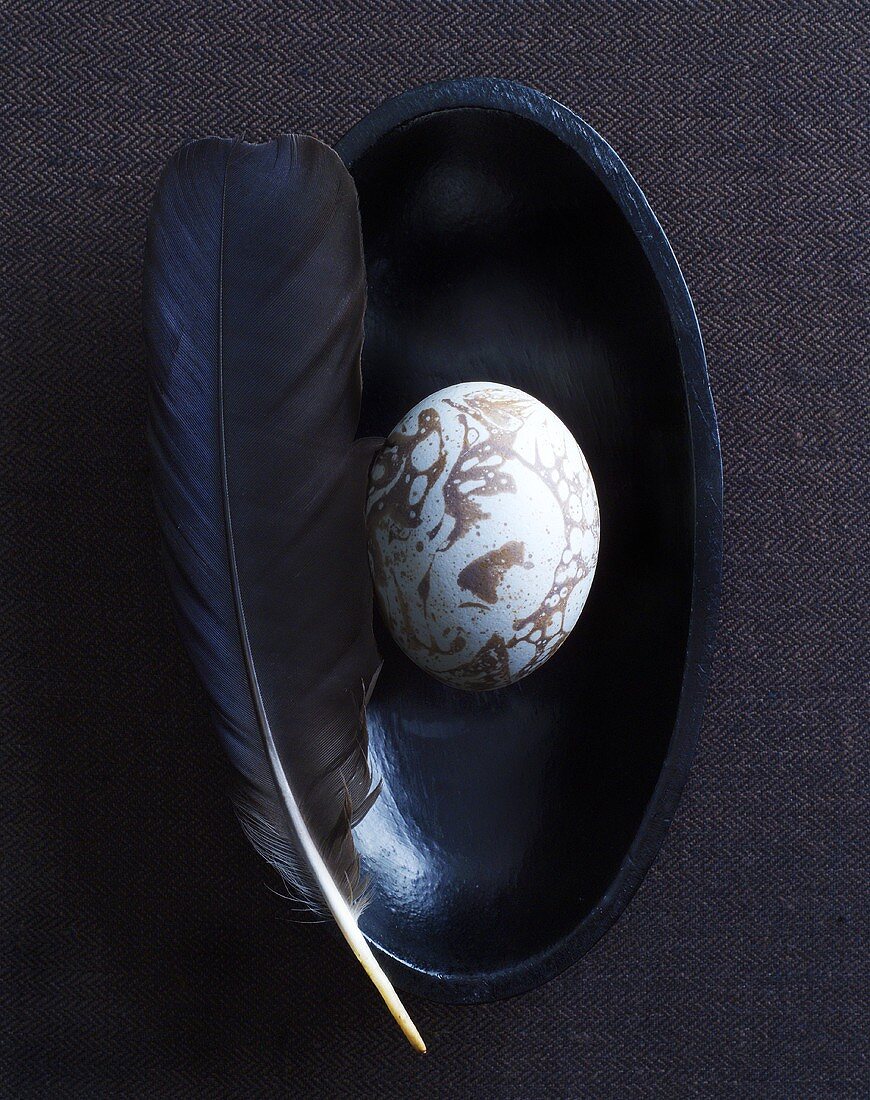 Marbled goose egg with goose feather in a black bowl