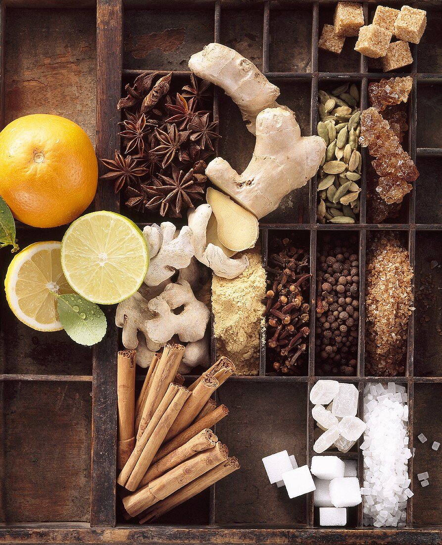 Spices for punch and mulled wine in typesetter's case