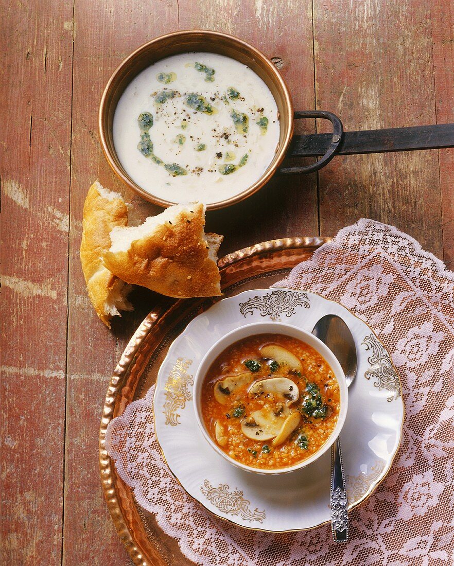Soup with yoghurt & mint, vegetable soup with bulgur & mushrooms