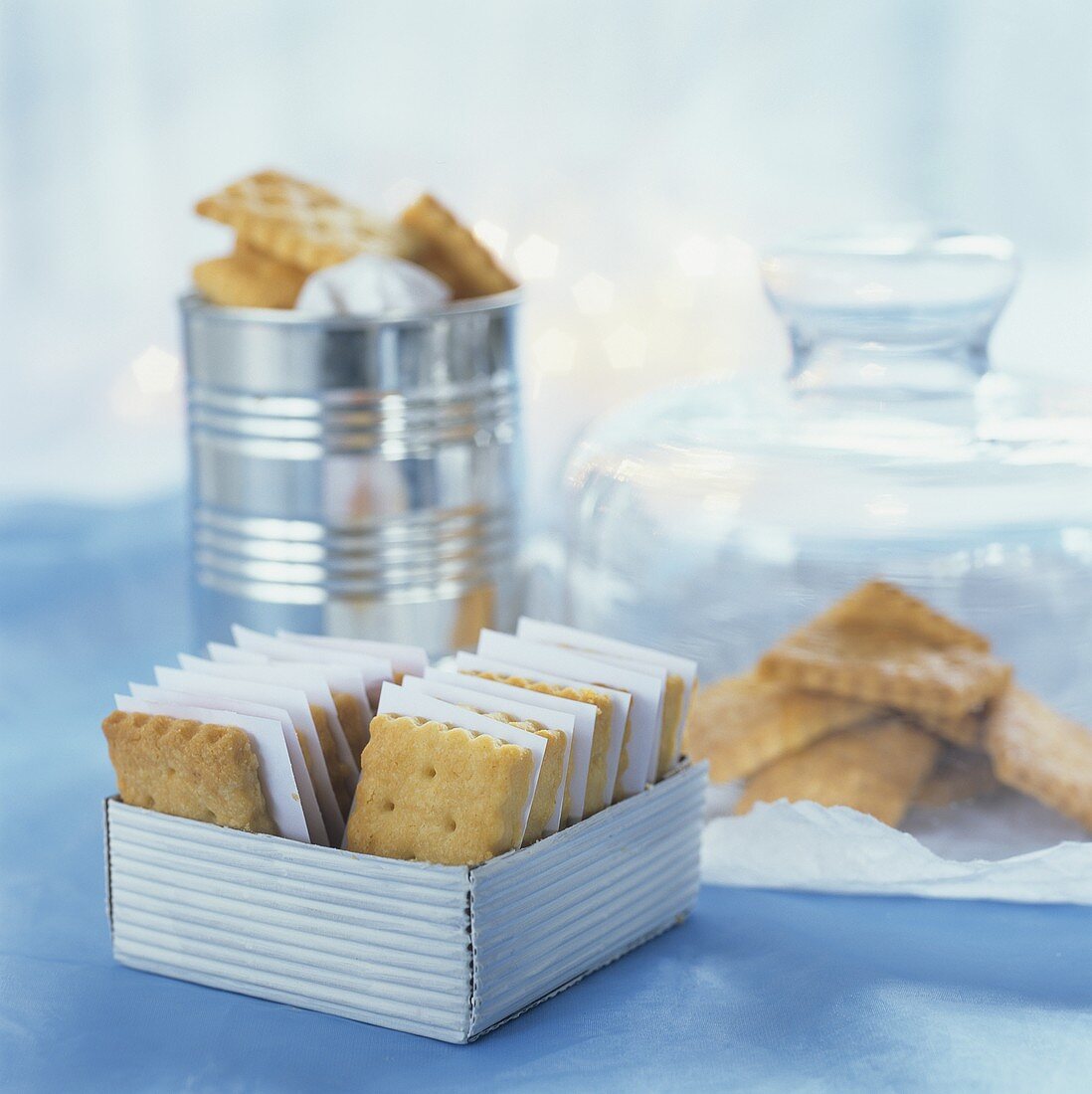 Several Parmesan biscuits in containers