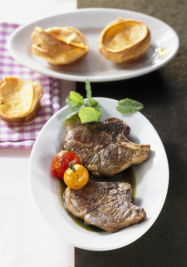 Lamb chops with mint sauce and Yorkshire pudding