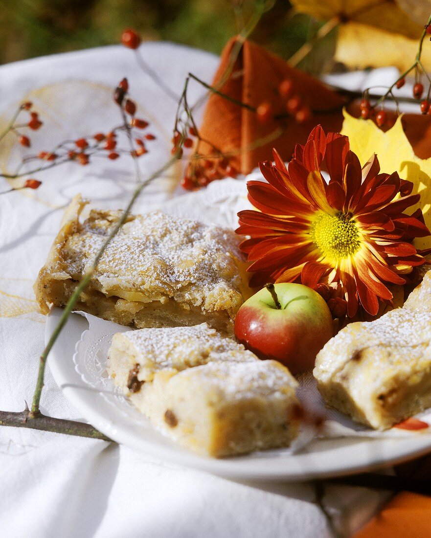 Apfelkuchen mit herbstlicher Deko (Apfel,Blüten,Blätter)