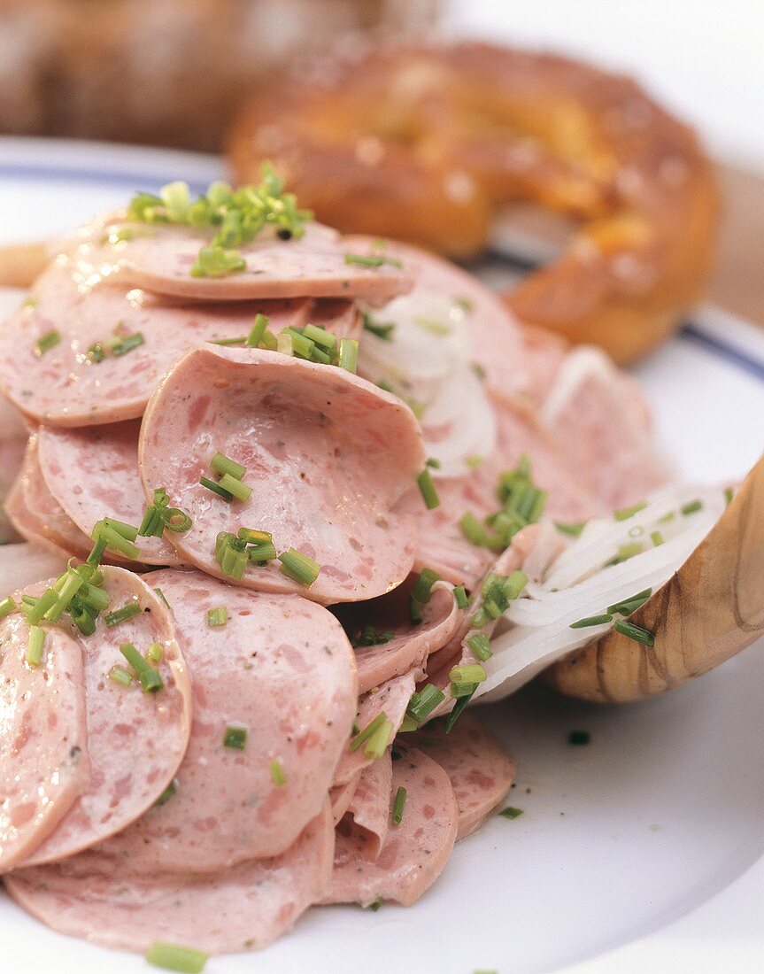 Bavarian sausage salad with onions & chives