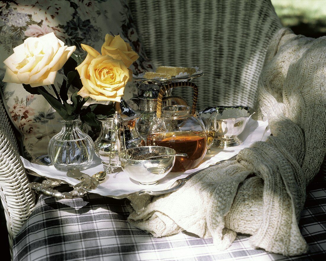 Romantic Tea Scene with Roses; Outdoors