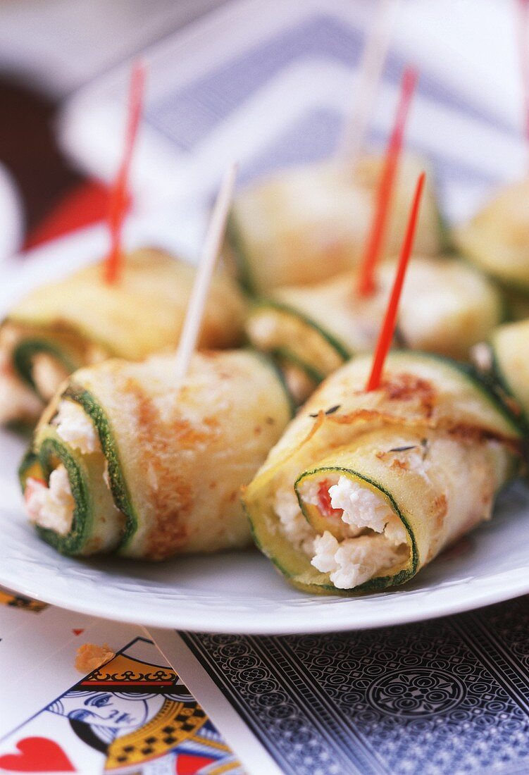 Courgette rolls stuffed with sheep's cheese & peppers