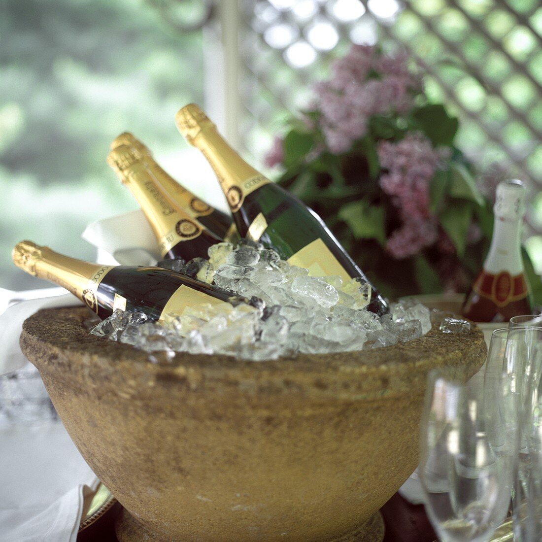 Several corked champagne bottles in stone champagne cooler
