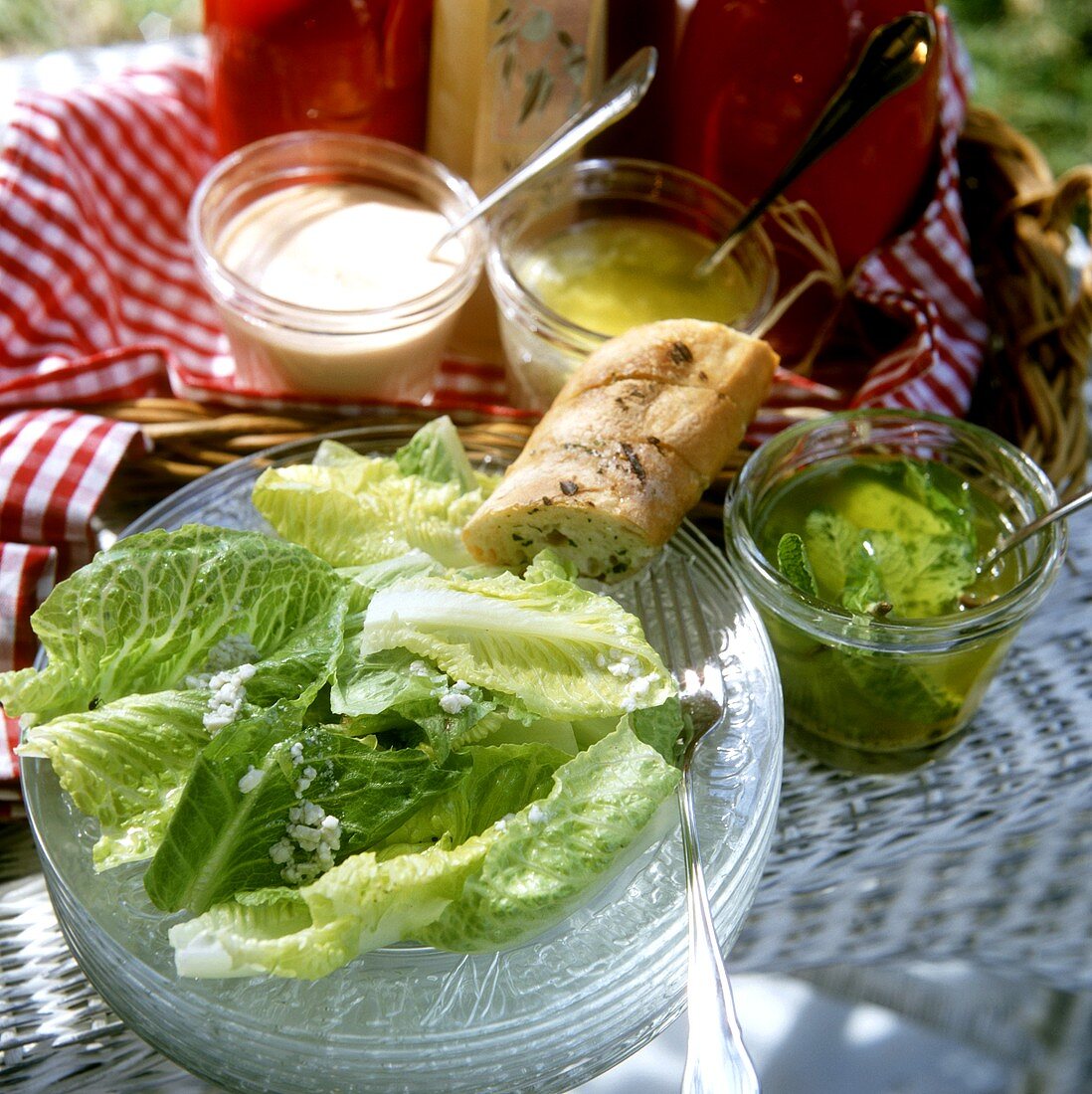 Romaine lettuce with various marinades, dips & sauces