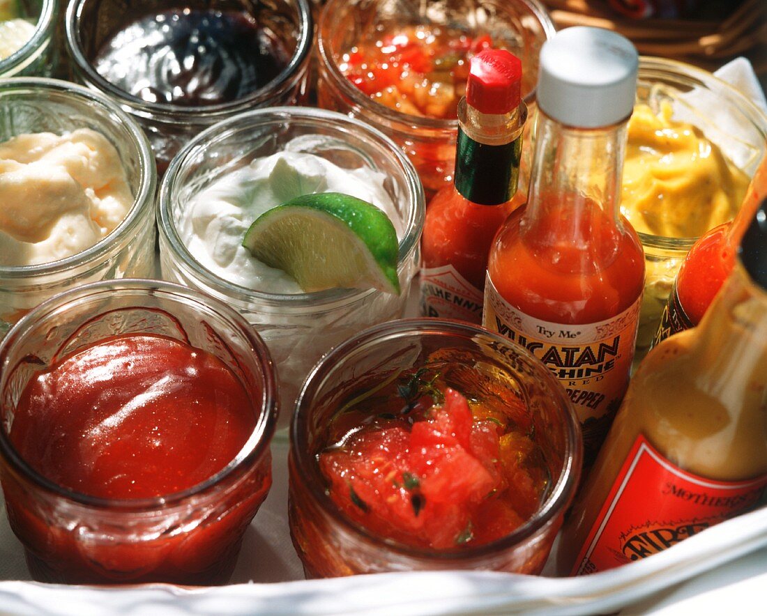 Various sauces and dips for grilled food