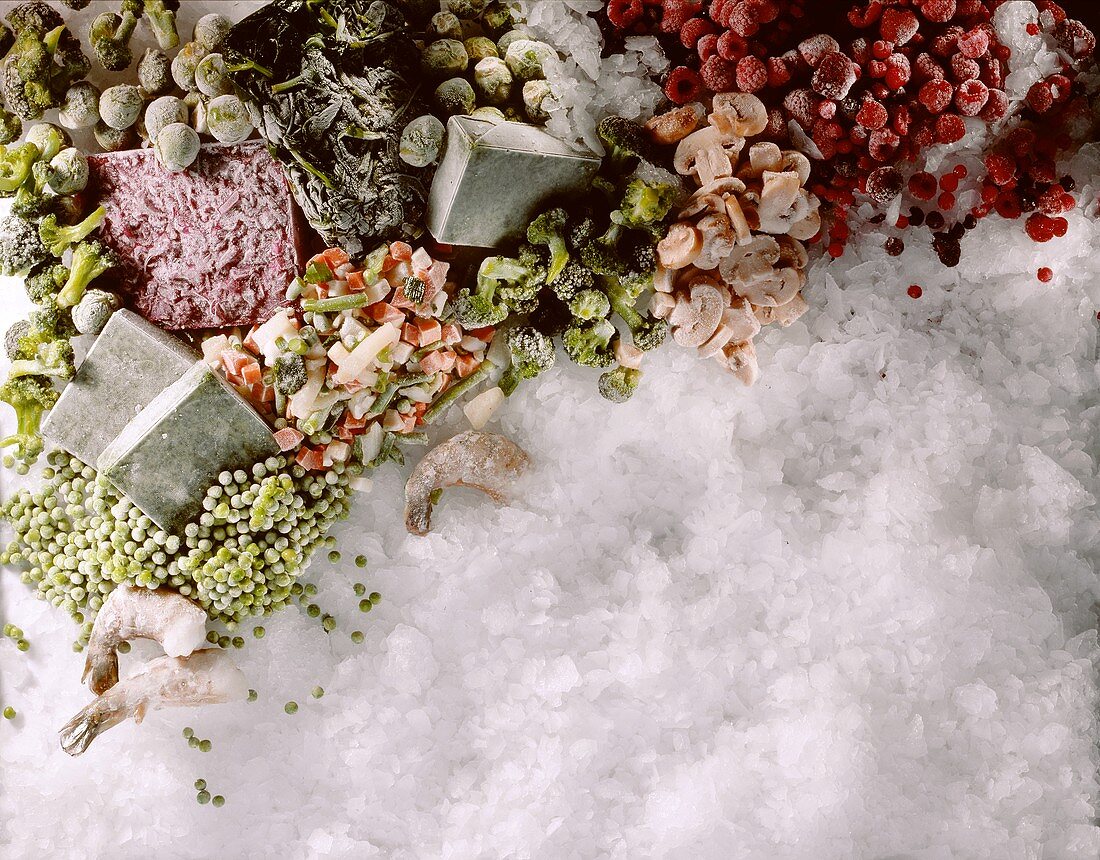 Still Life of Assorted Frozen Ingredients on Ice