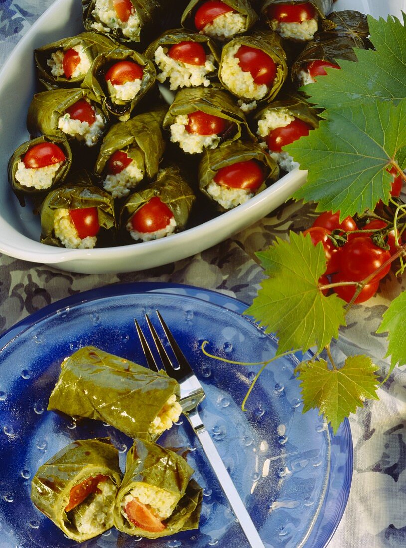 Vine leaf rolls with aubergine, millet mousse & cherry tomatoes