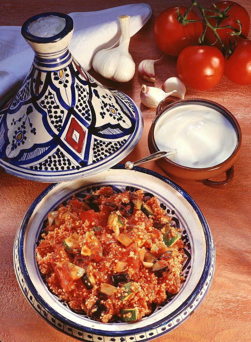Couscous with aubergines, courgettes, tomatoes & sour cream