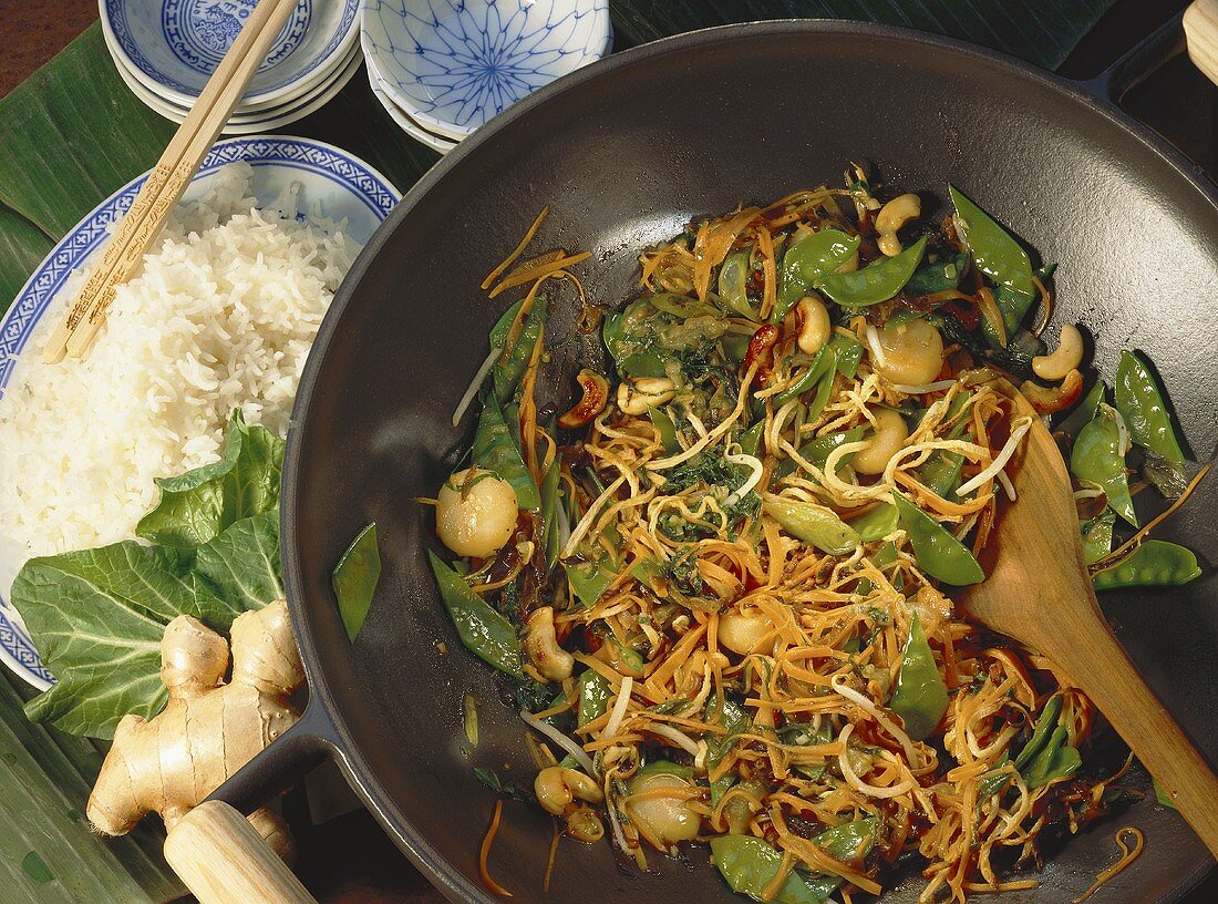 Asian Vegetable Stir Fry with Ginger and Cashews; Rice