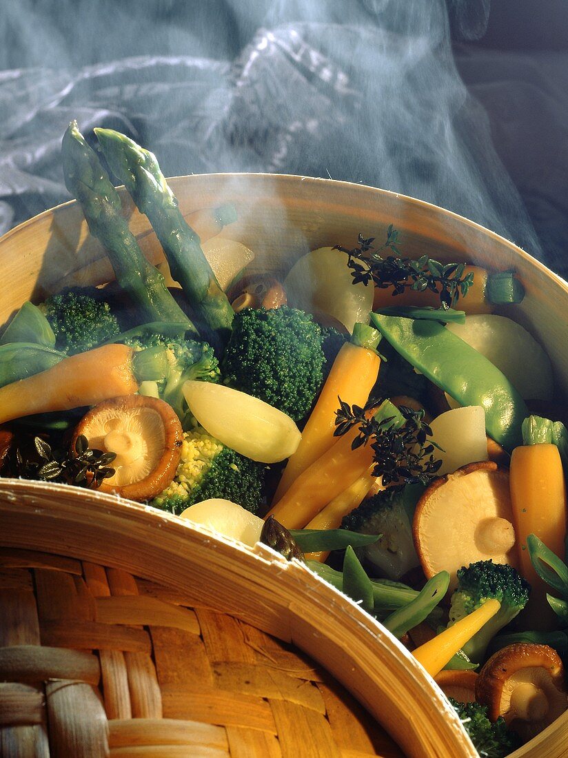 Assorted Vegetables in Bamboo Steamer