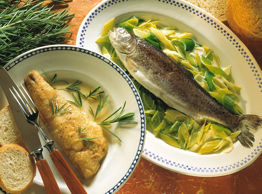 Fried pike-perch with rosemary sauce & trout with leeks