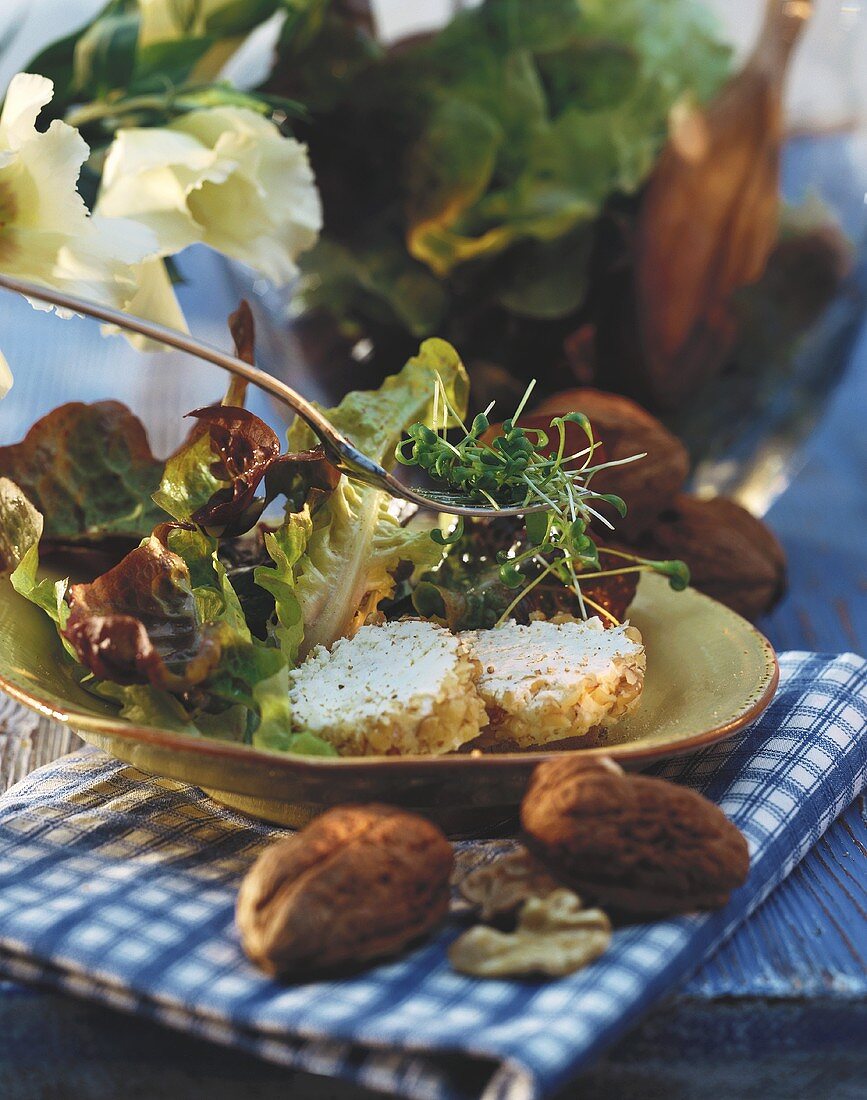 Eichblattsalat mit Frischkäsescheiben & Kresse