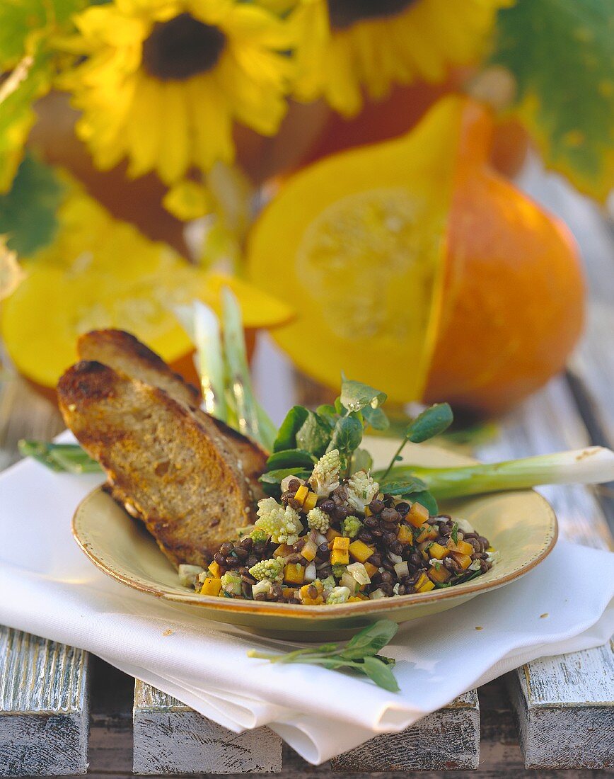 Lentil salad with pumpkin and romanesco