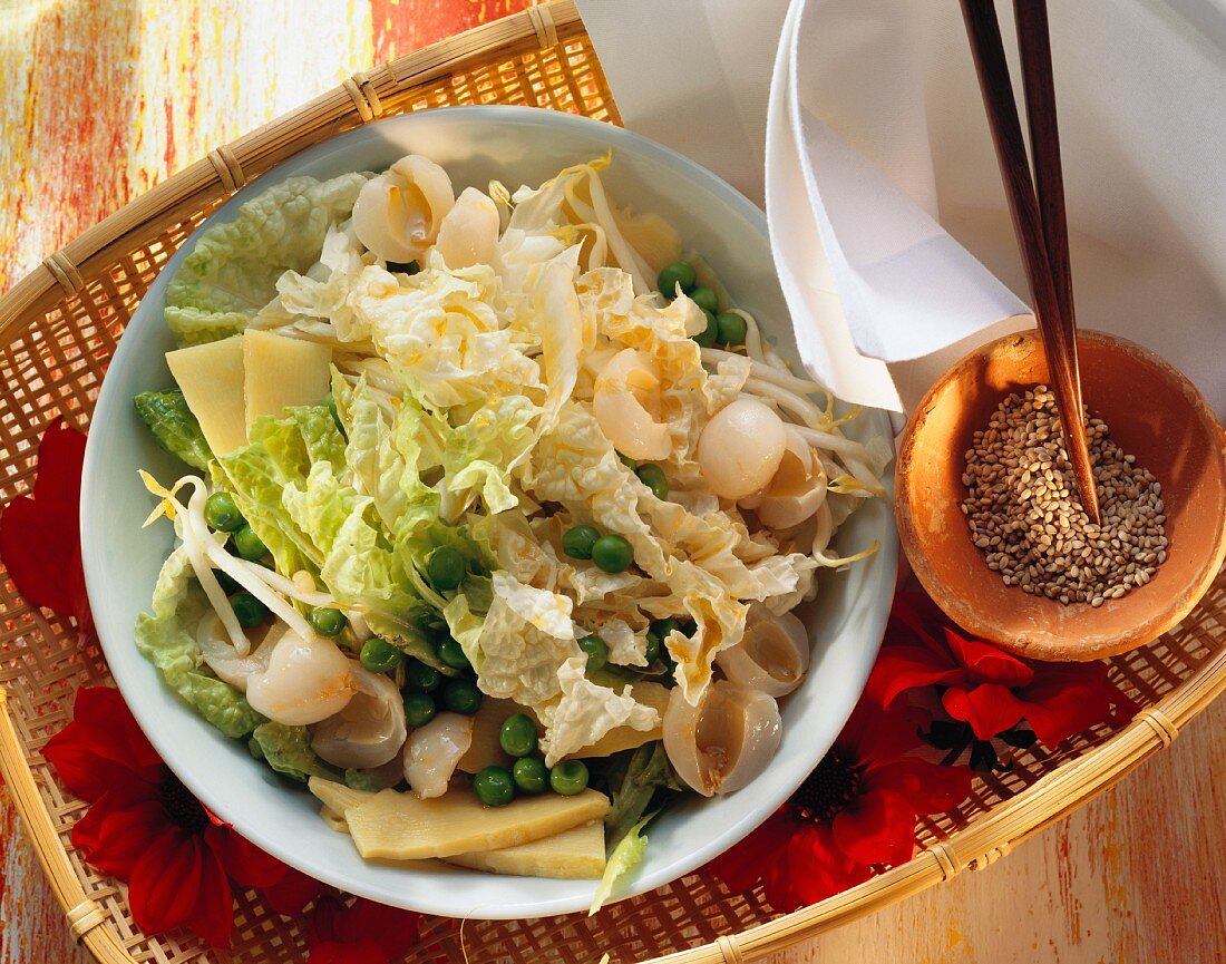 Chinese cabbage salad with lychees, peas & sprouts