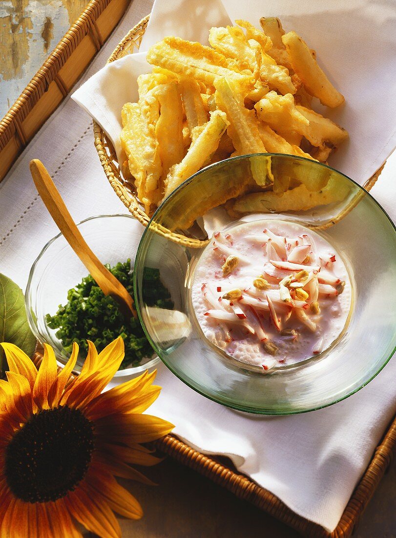 Fried Kohlrabi Sticks with Radish Sauce; Green Onion