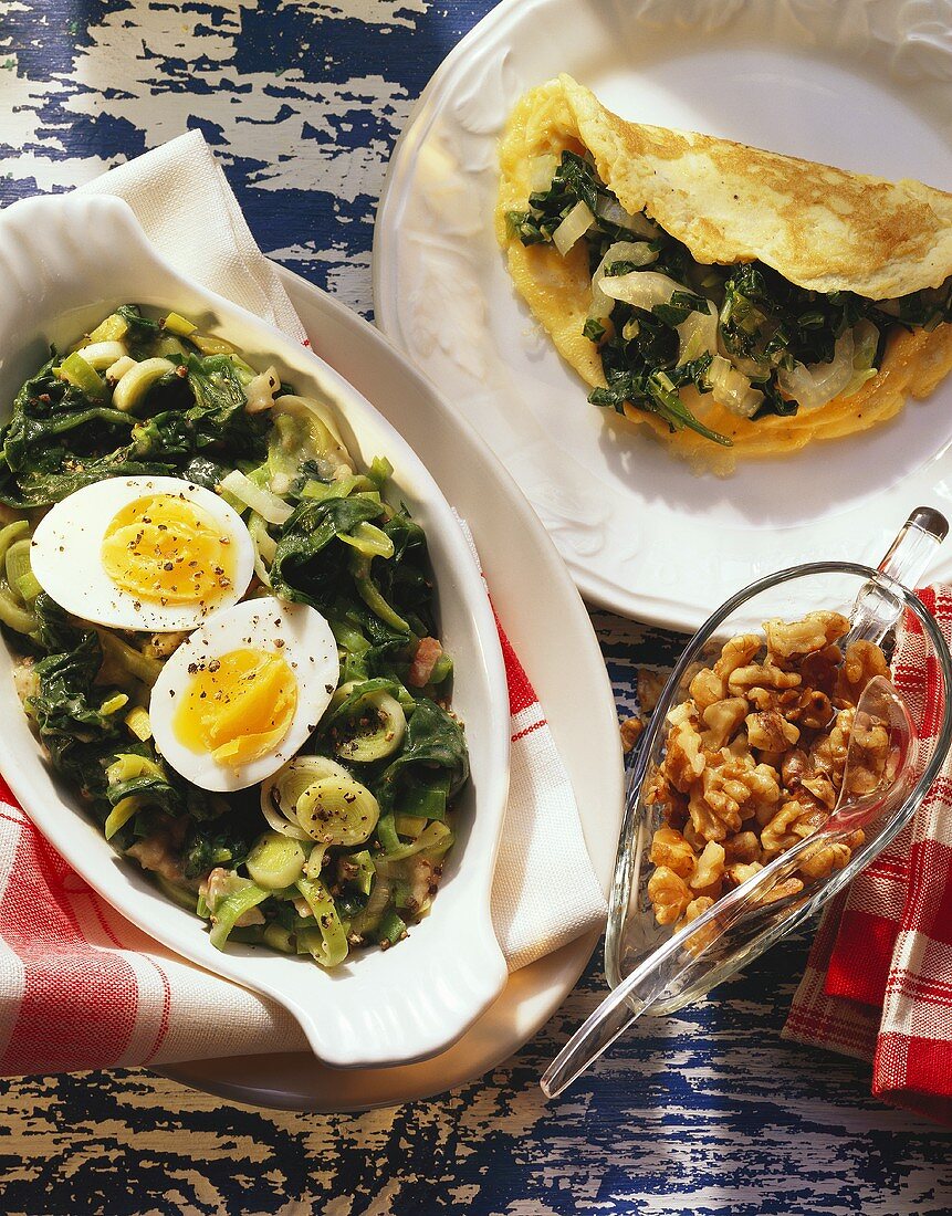 Chard omelette with nuts & spinach & leeks with eggs