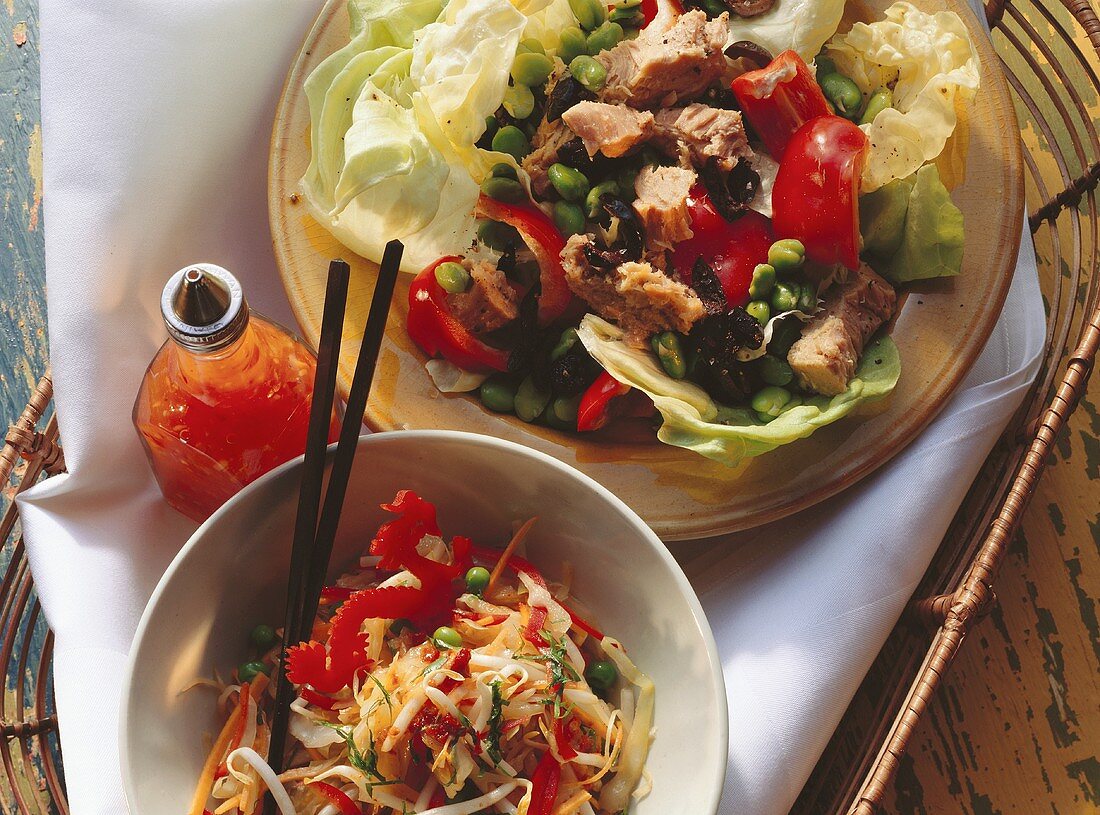 Vegetable salad with tuna and Asian cabbage salad
