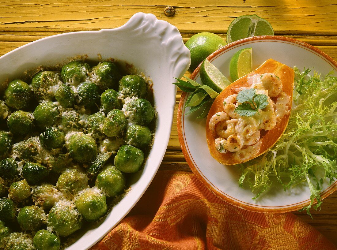 Rosenkohlgratin & Papayagratin mit Shrimps