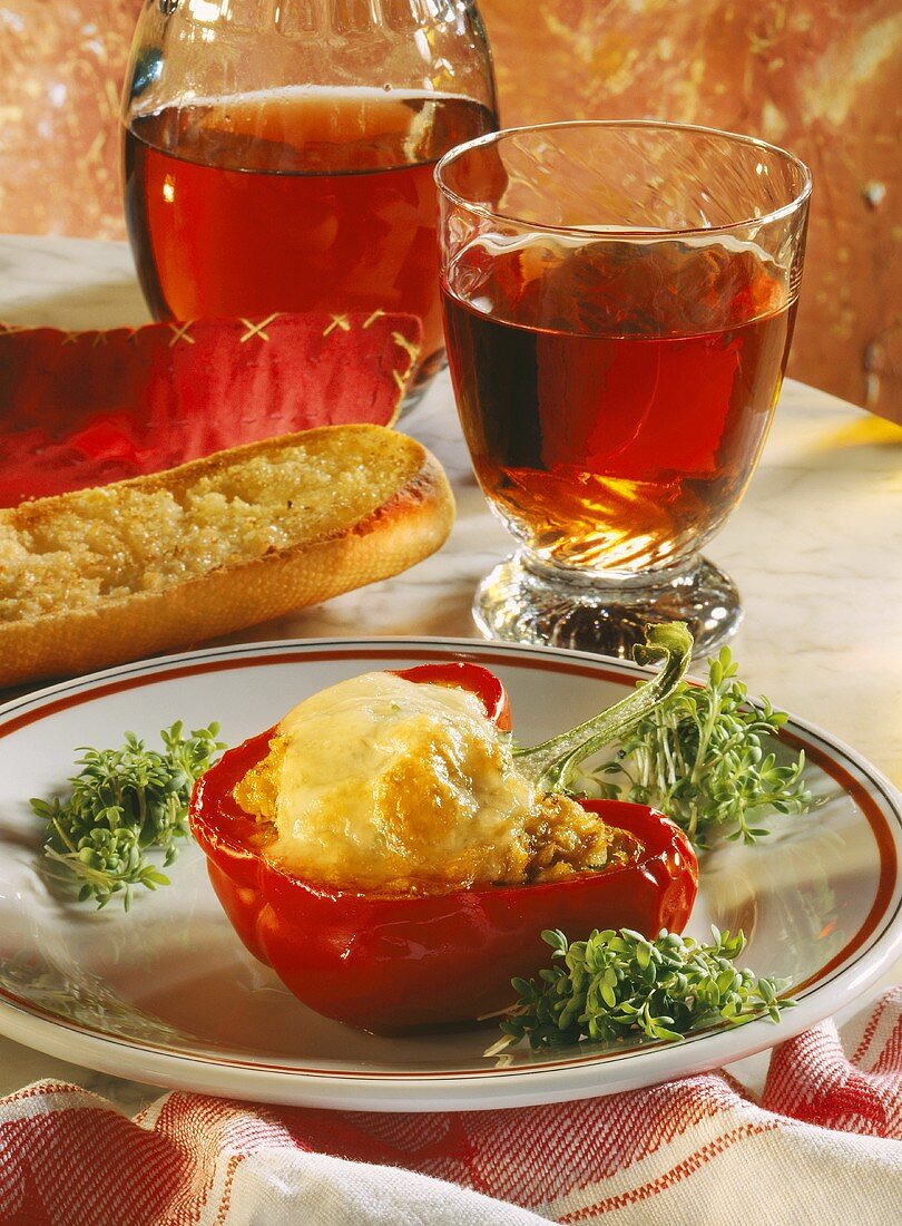 Stuffed Red Bell Pepper au Gratin; Garlic Bread; Red Wine
