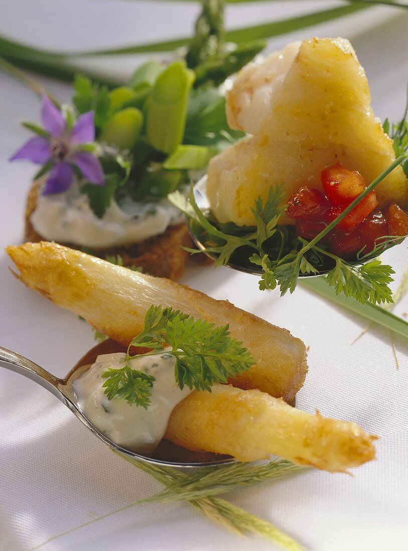 Baked asparagus, diced cod, spring sandwich, vegetables