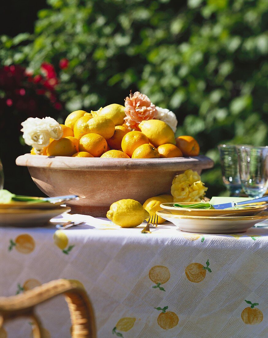 Zitronen & Orangen mit Rosenblüten in Terracottaschale