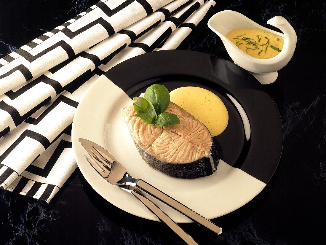Salmon cutlet with lime whip and basil strips
