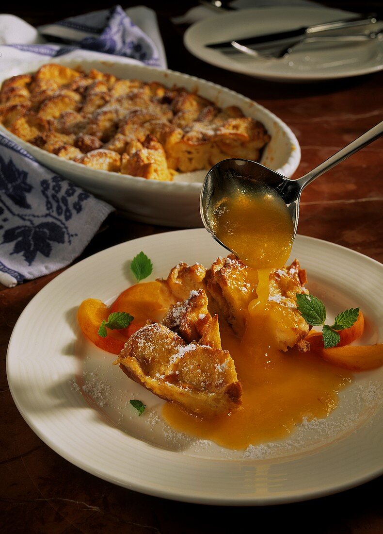 Wiener Kipfelkoch (bread & butter pudding) with apricot sauce
