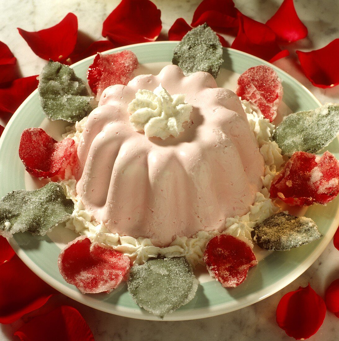 Romantic rose jelly with sugared rose petals
