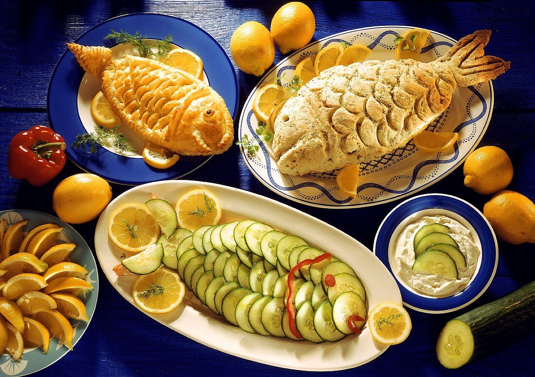 Fish in puff pastry, with cucumber scales & in salt crust