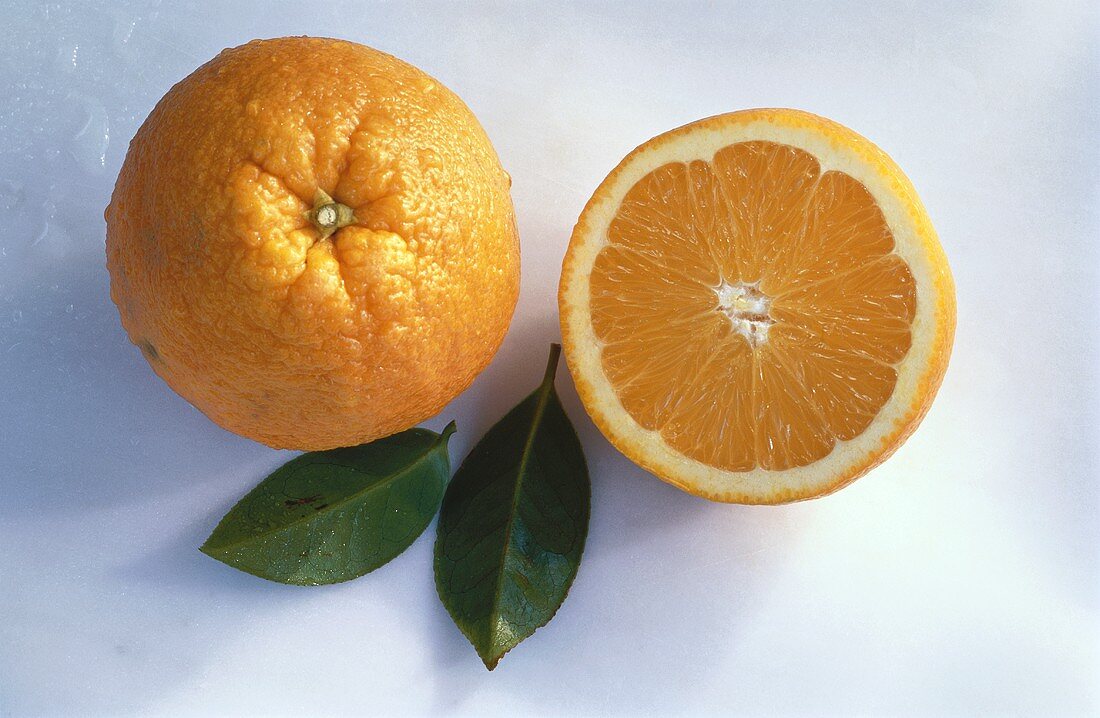 Eine Orange, eine Orangenhälfte & zwei Blätter (Salustiana)