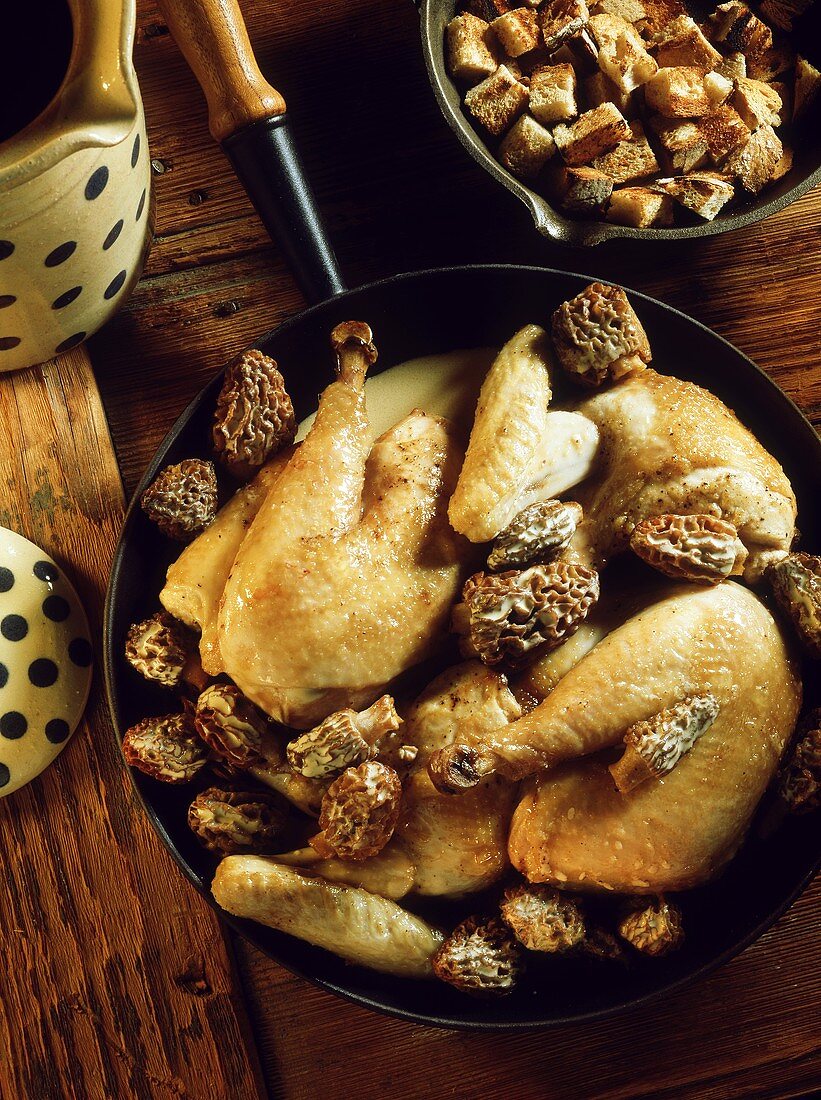 Chicken with wine sauce, morels and croutons