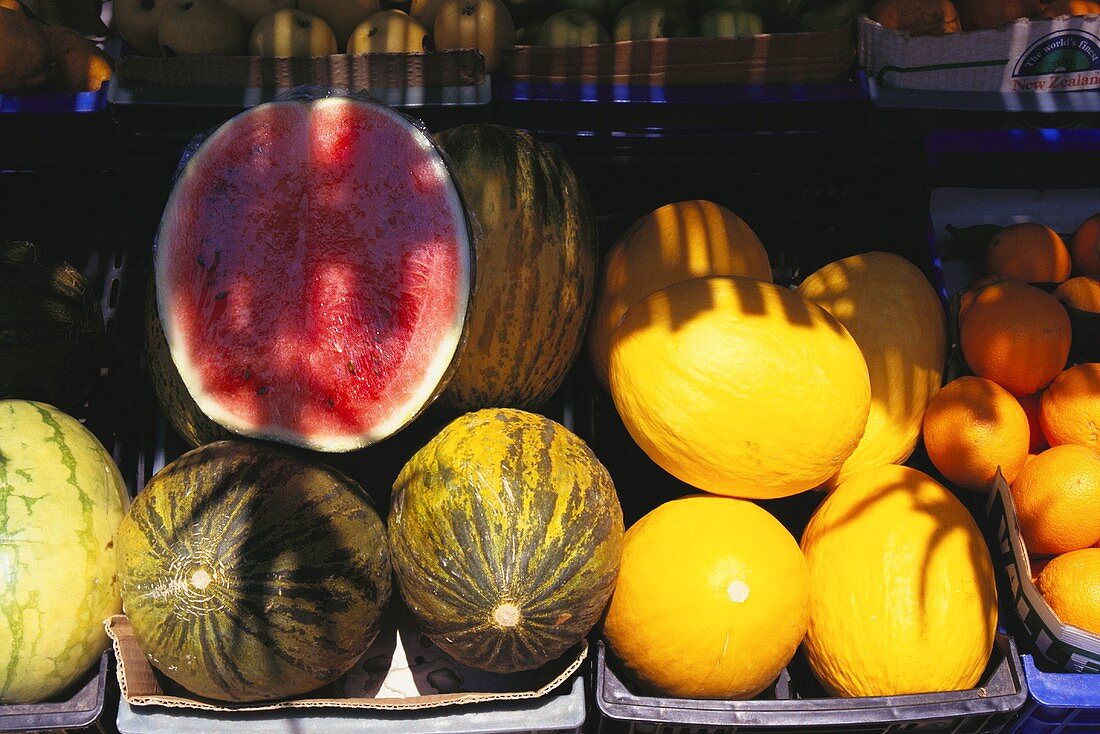 Verschiedene Melonen am Marktstand