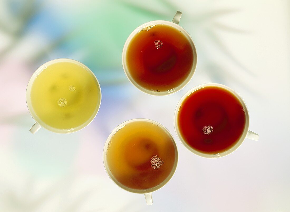 Tee in verschiedenen Aufgussfarben in weissen Tassen