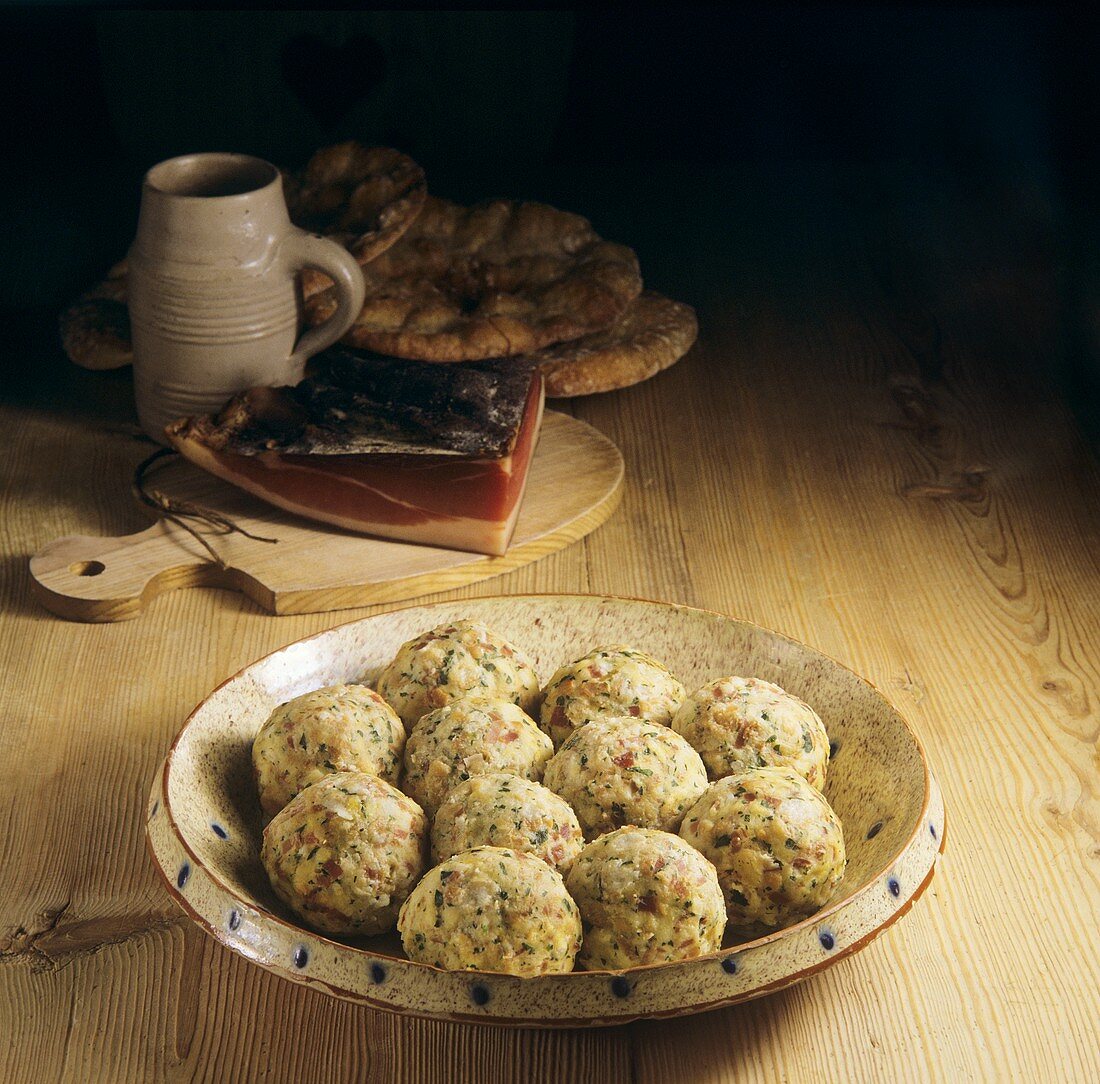 Bacon dumplings with parsley on rustic plate