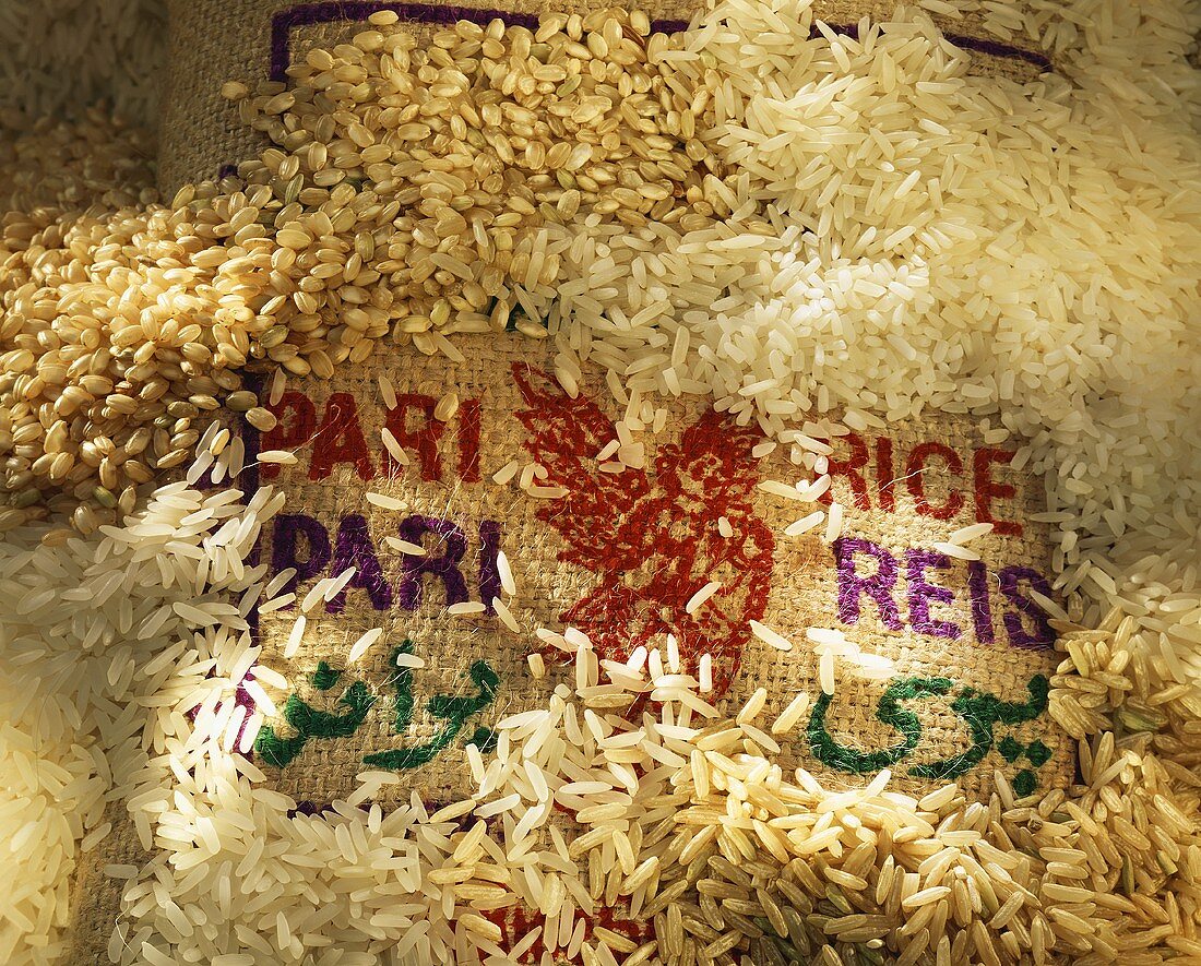 Verschiedene weiße & braune Reissorten auf Jutesack