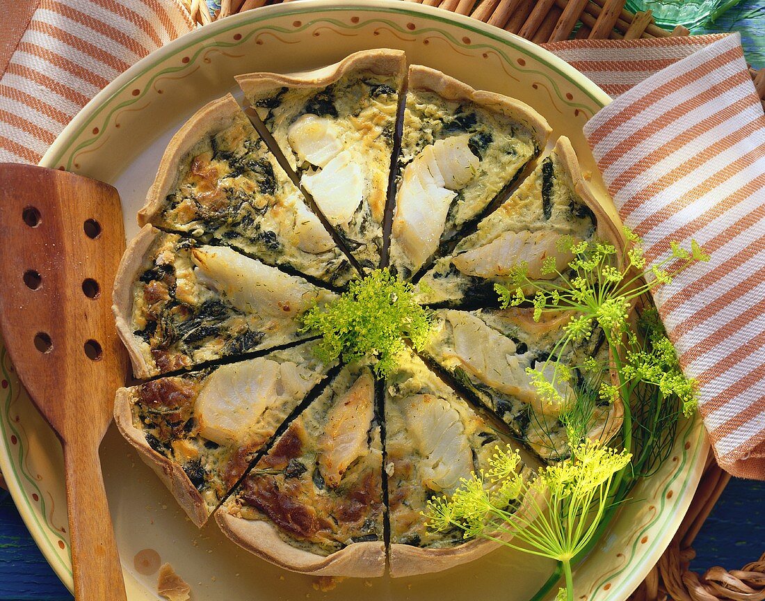 Cod quiche with dill mousse & dill flowers, in pieces