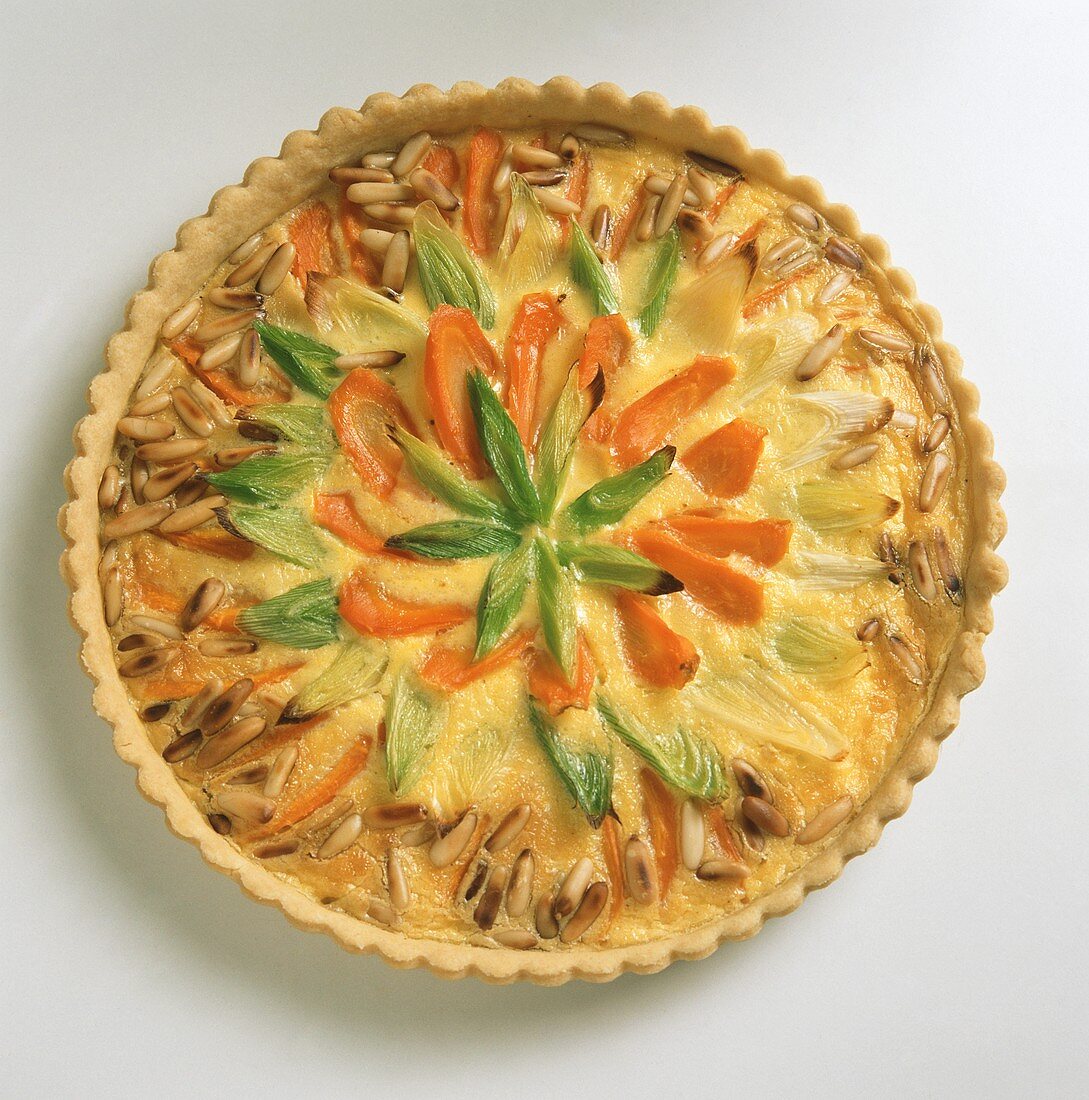 Whole carrot and leek tart with pine nuts