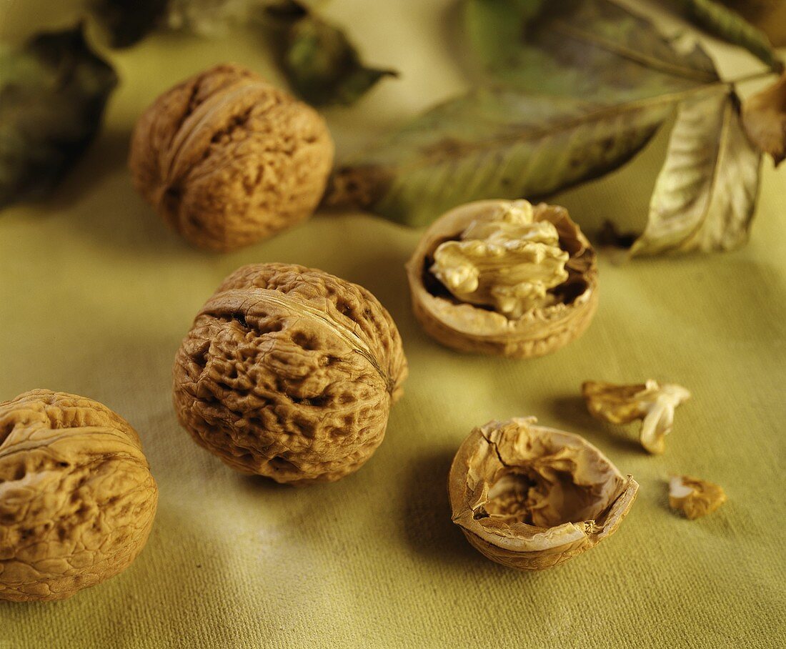 Whole walnuts and halved walnut with kernel