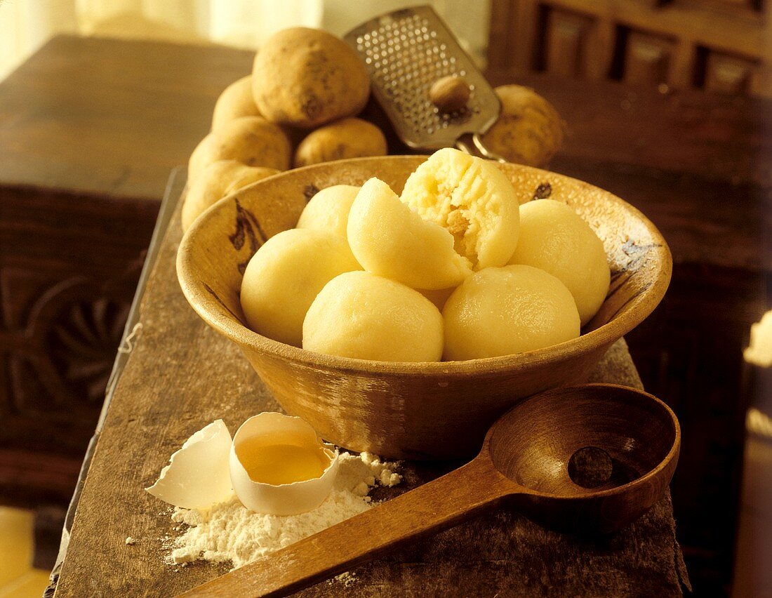 Potato dumplings in rustic bowl