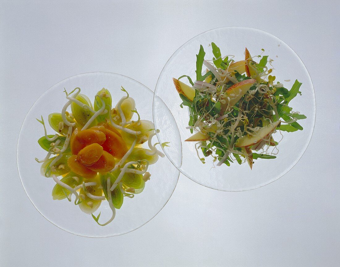 Mixed sprout salad with apples, soya sprout salad with leeks