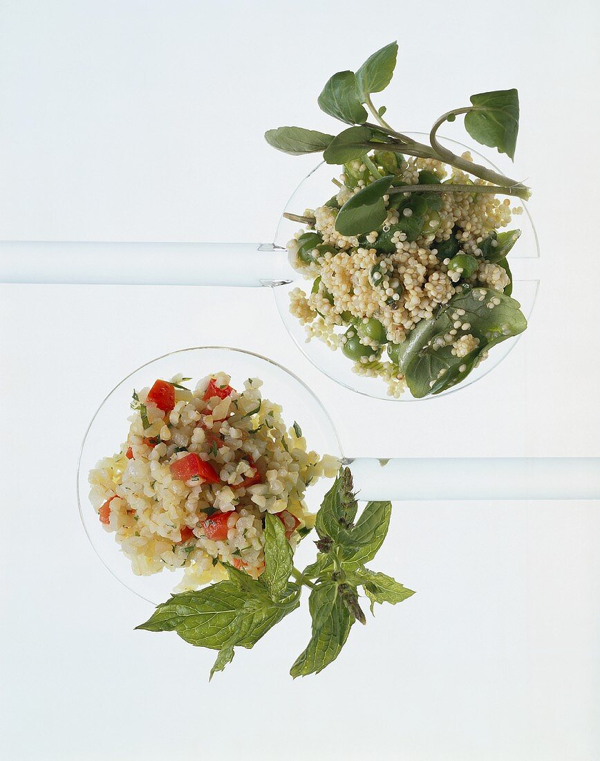 Bulgur salad with mint & quinoa salad on salad servers