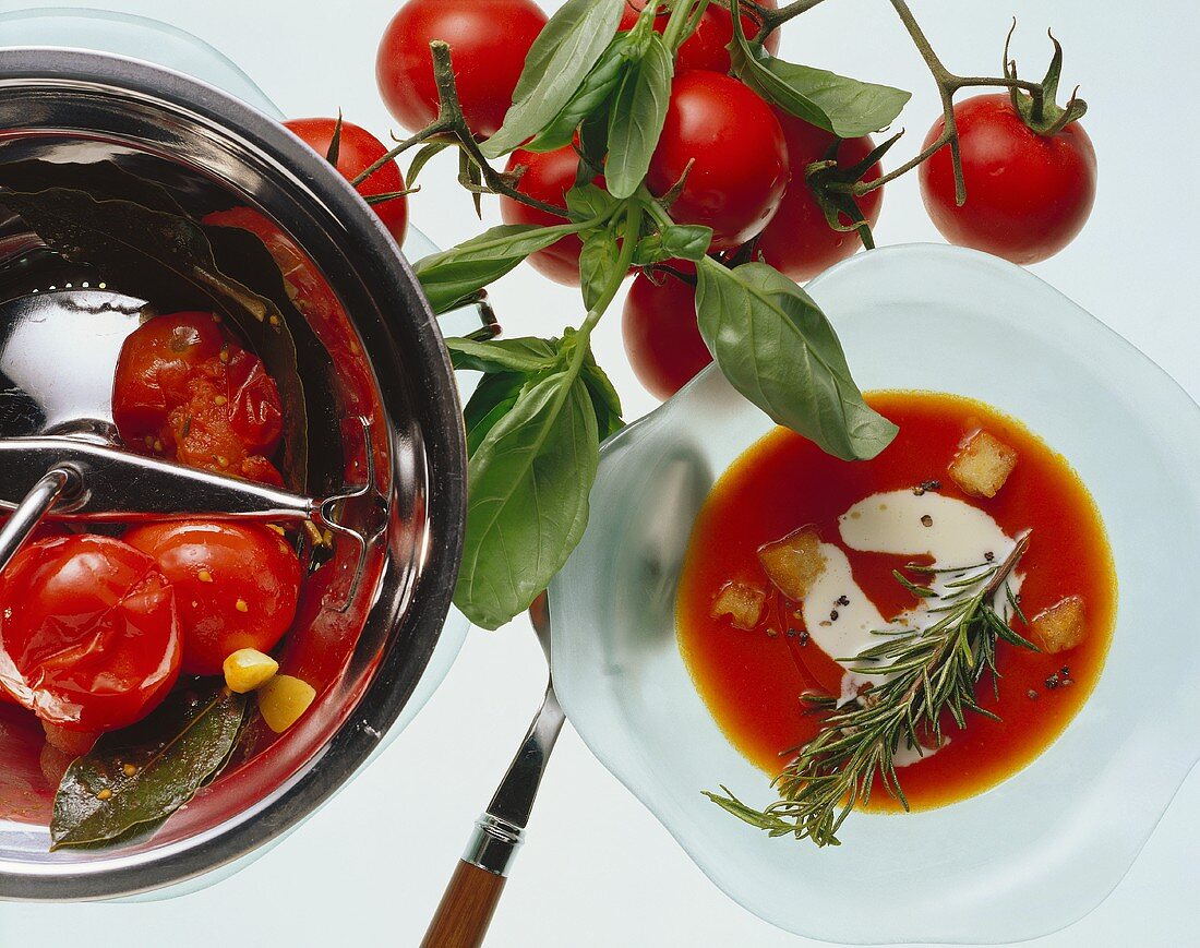 Tomatensuppe mit Creme fraiche, Croûtons & Rosmarinzweig