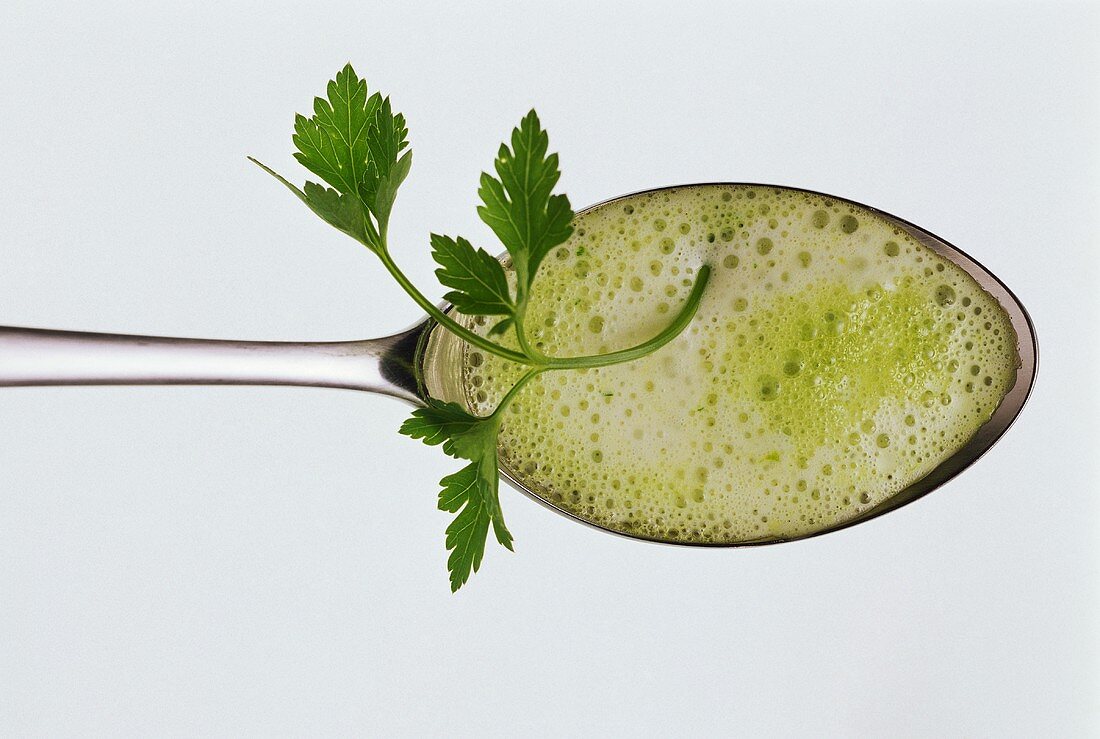 Parsley sauce with sprig of parsley on spoon