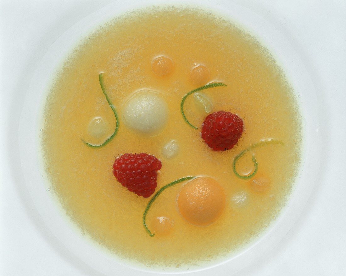 Iced melon soup with raspberries & lime zest